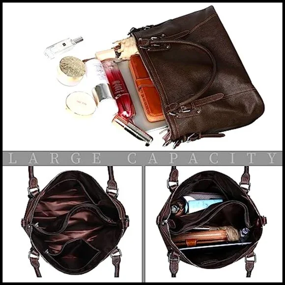 Genuine Leather Tote Shoulder Bag with Adjustable Strap, Medium Size - Picture 5 of 7